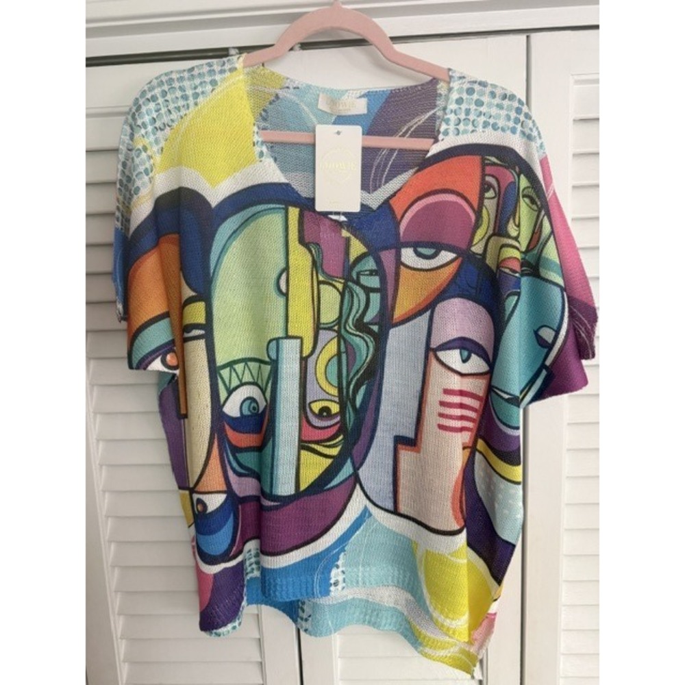 L114 Loowie Multi Picasso V Neck Knit Printed Sweater One Size
